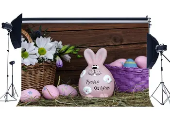 Счастливые Пасхальные Яйца Фон Кролик Свежие Цветы Деревенская Деревянная Доска Солома Природа Весна Frohe Фон