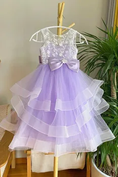 Элегантное платье с цветочным узором для девочек цвета лаванды из тюля С кружевным верхним ярусом и застежкой-молнией сзади, подходит для свадебных платьев на День рождения