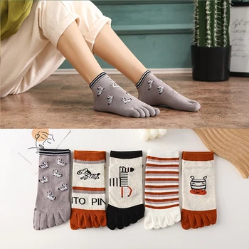 Хлопковые носки с пятью пальцами, модные дышащие носки с мультяшным носком, Женские роскошные носки в корейском стиле