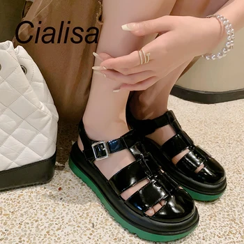 Женская обувь на платформе Cialisa, Римские сандалии из натуральной кожи, Лето 2023, Повседневная женская обувь с круглым носком, ремешком с пряжкой, на толстом каблуке