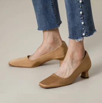 Женские туфли-лодочки в стиле ретро, весенние повседневные туфли-лодочки, женские элегантные модельные туфли с квадратным носком, простые женские туфли на толстом каблуке 5 см
