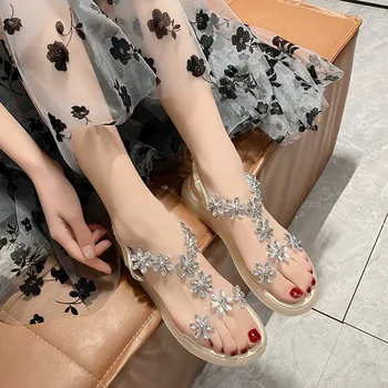 женские босоножки 2023, Летние, из ПВХ, с украшением в виде хрустального цветка, на платформе, Элегантная модная женская пляжная обувь, женские zapatos mujer