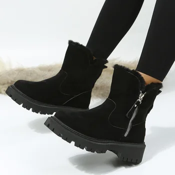 Зимняя теплая обувь, женские ботильоны, модные дизайнерские ботинки на платформе, Гладиаторская нескользящая плюшевая обувь на плоской подошве, меховые ботинки, большие размеры