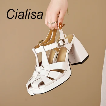 Сандалии на платформе Cialisa, Женская обувь с открытым носком, летние Элегантные босоножки с ремешком и пряжкой, Высококачественные сандалии ручной работы на высоком каблуке 8,5 см, бежевые