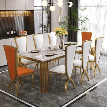 Итальянский легкий обеденный стол класса люкс, прямоугольный, современный, простой, для маленькой семьи, стол и стул из нержавеющей стали и скандинавского мрамора