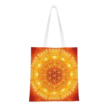 Kawaii Printing Flower Of Life Сумки для покупок Golden Light Energy Tote Портативная Холщовая сумка для покупок через плечо с геометрической Мандалой