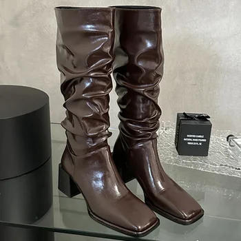 Зимние женские короткие сапоги с квадратным носком, дизайнерские ковбойские сапоги на высоком каблуке 7 см, Высокие сапоги до колен в западном стиле, обувь