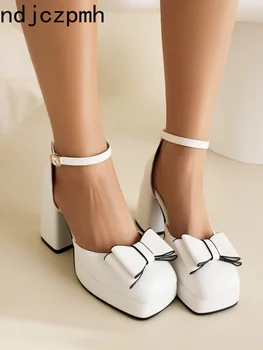 Туфли-лодочки, весна и осень, Новый стиль, узелок-бабочка, однотонная женская обувь с квадратным носком и квадратным каблуком, большие размеры 34-43