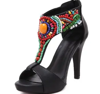 Новейшие брендовые женские босоножки в богемном стиле, роскошные разноцветные босоножки из бисера на тонком высоком каблуке, женские черные туфли с открытым носком