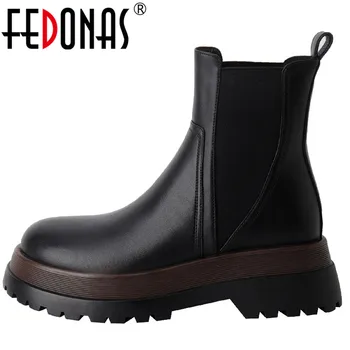 Женские ботильоны FEDONAS на платформе с круглым носком, осень-зима, повседневная рабочая обувь на толстом каблуке, Женские короткие ботинки из натуральной кожи.