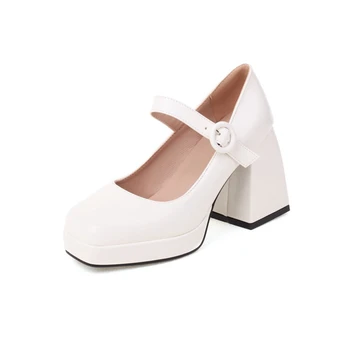 Модные белые женские туфли-лодочки на платформе, туфли Мэри Джейн на высоком каблуке с ремешком и пряжкой, вечерние туфли на толстом каблуке в готическом стиле, Большой размер 47 686-1