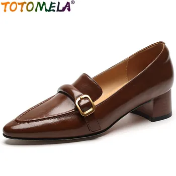 TOTOMELA / Новинка 2023 года, ретро обувь на толстом среднем каблуке, Лоферы с острым носком, женская обувь из натуральной кожи, женские туфли-лодочки без застежки