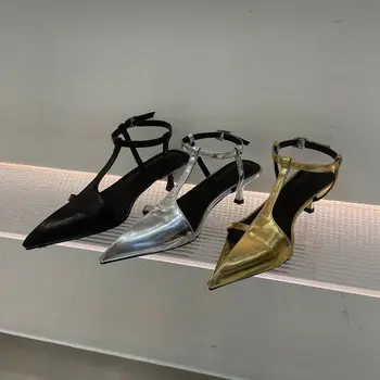 Сексуальные женские босоножки Летние модельные туфли с острым носком на тонком среднем каблуке с ремешком на щиколотке Вечерние туфли-лодочки Модные женские золотисто-серебряные сандалии
