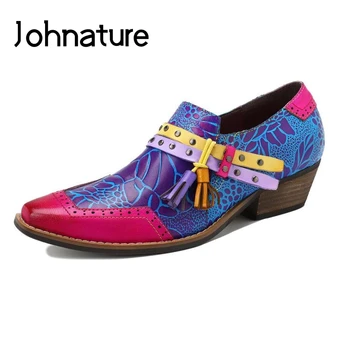 Женские туфли-лодочки Johnature из натуральной кожи, ручная роспись, Высокие каблуки, новинка 2022 года, смешанные цвета в стиле ретро, женская обувь ручной работы