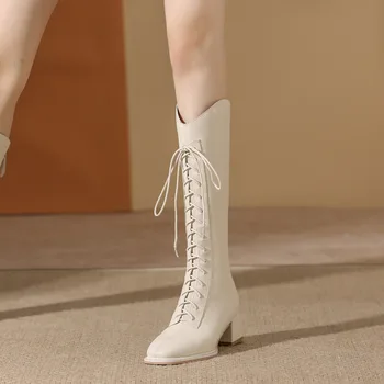 Сапоги на высоком каблуке 5,5 см из искусственной кожи, женские осенне-зимние новые рыцарские сапоги с квадратным носком, сапоги до колена на шнуровке