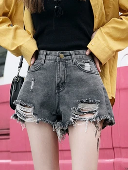 Джинсовые шорты с перфорацией, женские Летние Корейские Свободные Широкие брюки с высокой талией, повседневные джинсовые шорты