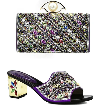 Комплект вечерних туфель и сумок в африканском стиле для женщин фиолетового цвета Итальянские туфли и сумки в тон Комплект обуви и сумок, украшенный камнем