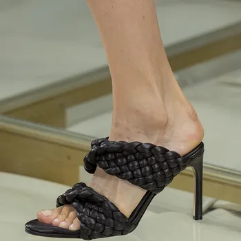 Sandalias Mujer 2020 Женские туфли из кожи с тесьмой на высоком каблуке, Оранжевые Плетеные Шлепанцы, Дизайнерские Летние тапочки с открытым носком на открытом воздухе