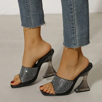 Для женщин 2023 Модные босоножки с кристаллами и стразами Женские открытые оранжевые прозрачные туфли на каблуке 11 см, сексуальные тапочки, туфли с носком, шлепанцы Mule