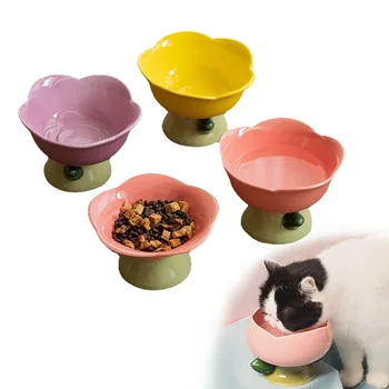 Новая керамическая миска для домашних животных с высокими ножками, нескользящая тарелка в форме цветка, защита для кошек и собак, кормушка для щенков, принадлежности для кормления домашних животных на шейке матки