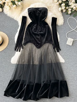 Осенне-зимнее бархатное вечернее платье, сексуальное облегающее длинное платье без бретелек, женское перспективное сетчатое лоскутное платье, женское платье с перчатками