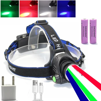 4 В 1 Регулируемый Фокус, светодиодный зум-фонарик, 4-цветной источник света, USB-перезаряжаемый налобный фонарь для кемпинга, охотничий налобный фонарь