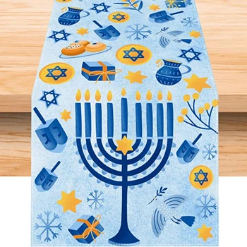 Льняная Голубая Настольная Дорожка Happy Hanukkah Еврейский Праздник Украшения Для Праздничной Вечеринки Свадебная Вечеринка Украшения Для Обеденного Стола