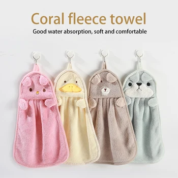 Подвесное полотенце для рук из кораллового флиса с мультяшными животными, полотенце для рук, впитывающее полотенце для кухни и ванной, носовые платки