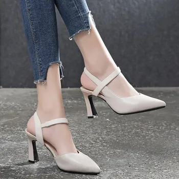 2023 Летние Новые стильные женские туфли на толстом каблуке Baotou/ Модная женская обувь на высоком каблуке из мягкой кожи, Однотонные женские босоножки