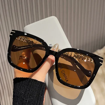 Солнцезащитные очки с большой оправой, женские Модные Винтажные Солнцезащитные Очки, Роскошные Брендовые Дизайнерские Металлические Цепочки, Элегантные оттенки UV400