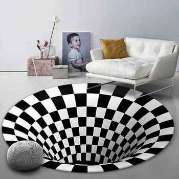Круглый ковер 3D Stereo Vision для гостиной, простые черно-белые ковровые покрытия, Геометрический противоскользящий коврик для пола в домашней спальне
