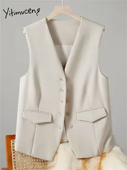 Yitimuceng Однотонный жилет с V-образным вырезом для женщин 2023, новое модное весеннее Офисное женское пальто, Шикарный повседневный однобортный костюм, жилет для женщин