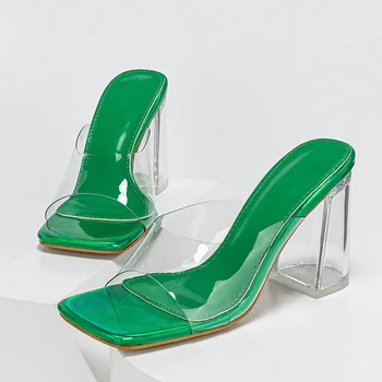 Четкие высокие каблуки летние тапочки женские уличной моды квадратный с открытым носком ПВХ прозрачные сандалии для женщин обувь скольжения 
