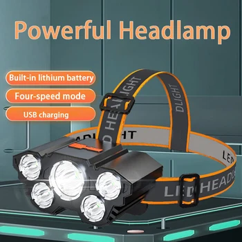 Налобный фонарь с 5 светодиодами, USB-перезаряжаемый головной фонарик со встроенной батареей, налобный фонарик для кемпинга на открытом воздухе, ночной рыбалки