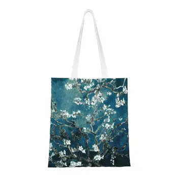 Изготовленная на заказ холщовая сумка для покупок с изображением цветов миндаля Ван Гога, женская Прочная сумка для покупок с цветами из бакалеи, Сумки-тоут для покупателей