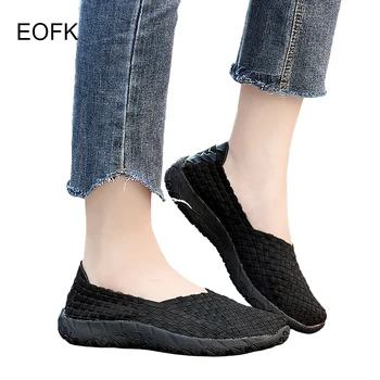 EOFK / летние женские лоферы на плоской подошве, обувь ручной работы, тканые кроссовки, дышащие мягкие повседневные удобные женские мокасины.