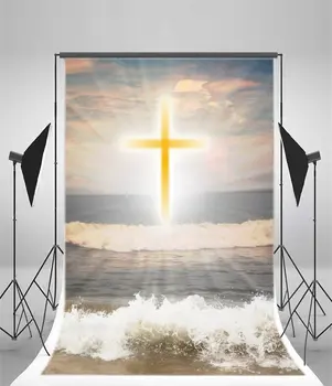 Фон для фотографии Золотой Крест Иисус Христос Святые Огни Морские Волны Голубое Небо Белое Облако Природа Лето