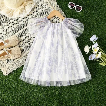 Коктейльное платье на свадьбу для маленьких девочек, платье с фиолетовыми цветами, кружевные платья с развевающимися рукавами для малышей, клетчатые наряды для девочек