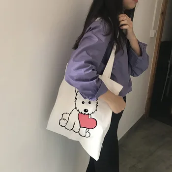 2019 Женские сумки, тканевая холщовая сумка-тоут, женская эко-сумка для покупок с принтом милой собачки, многоразовые сумки для покупок через плечо